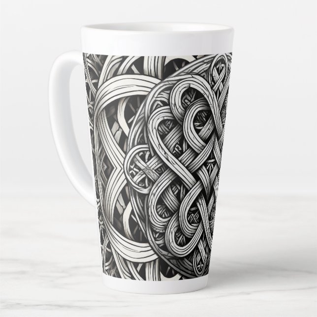 Caneca De Café Latte Detaillierte Schwarz-Weißer keltischer Knoten 0001 (Ângulo esquerdo)
