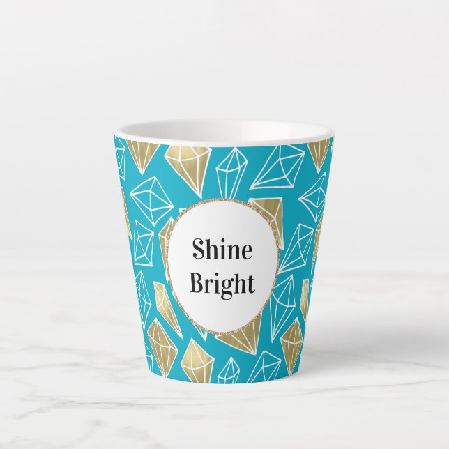 Caneca De Café Latte Diamantes Dourados Azuis de Turquoise Chic (Frente)
