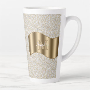 Caneca De Café Latte Diamantes, Grande Nome Branco do Monograma Dourado