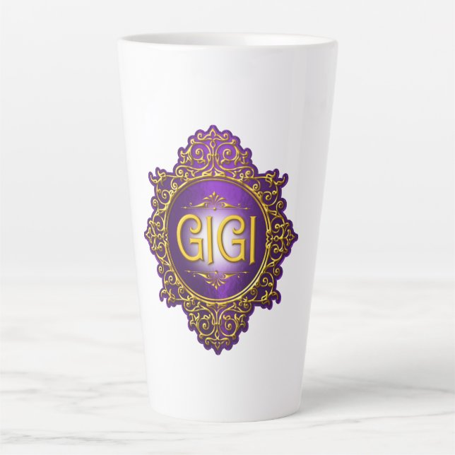 Caneca De Café Latte Doce GIGI Roxo Real & Dourado (Frente)