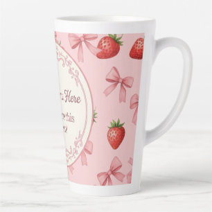 Caneca De Café Latte Doce Morango Rosa e Laços Padrão Nome Personalizad