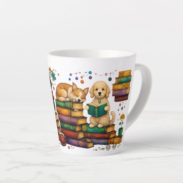 Caneca De Café Latte Dogs Reading Books Cozy Library Scene (Ângulo direito)