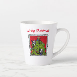 Caneca De Café Latte Dois Gatos Subindo na Árvore de Natal Desortada