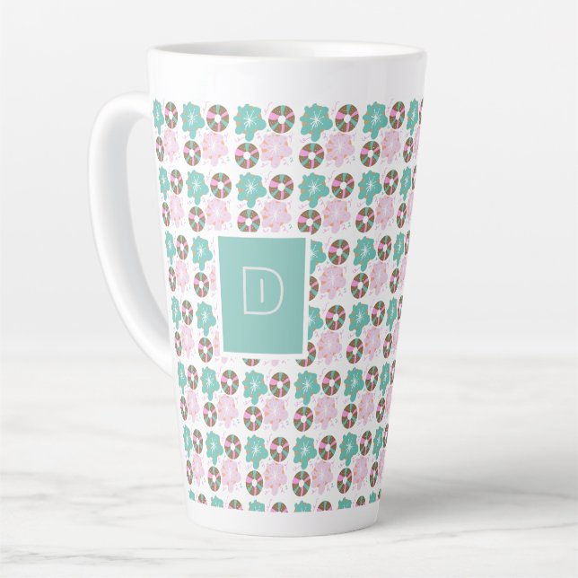 Caneca De Café Latte Donuts Rosados com Glacê de Natal Desenhos Prelimi (Ângulo esquerdo)