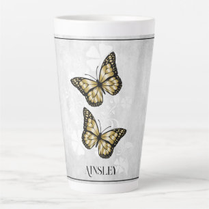 Caneca De Café Latte Dourada borboleta Floral Personalizada Latino