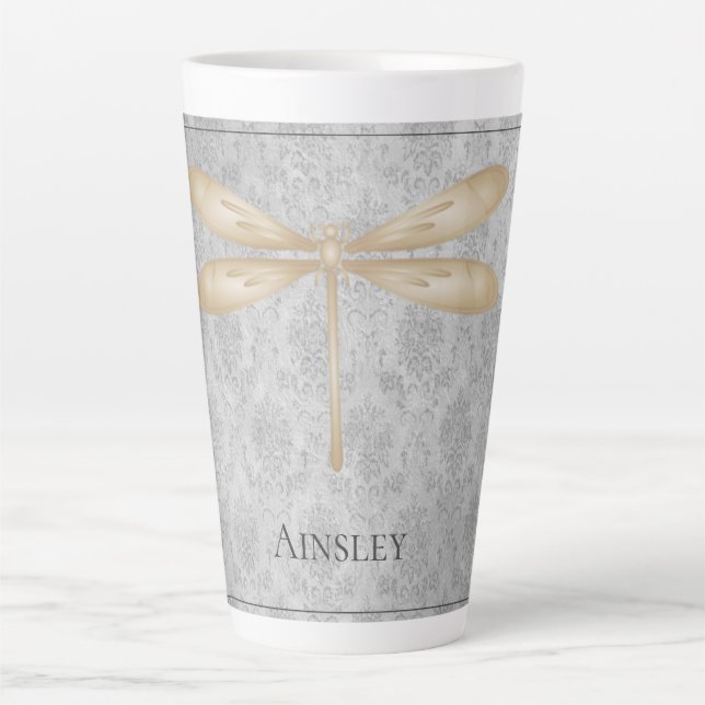 Caneca De Café Latte Dourada Dragonfly Damask (Frente)