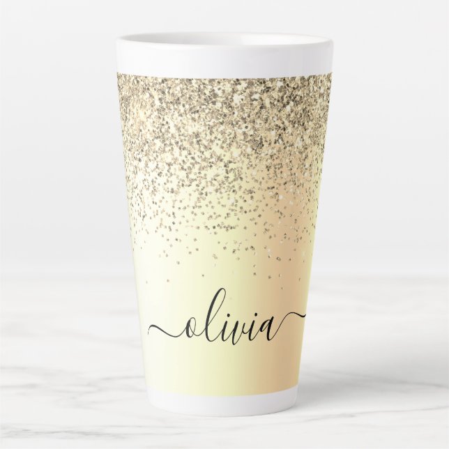 Caneca De Café Latte Dourada Glitter Girly Luxury Moderno Monograma Nom (Frente)