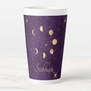 Caneca De Café Latte Dourada Lua Fases Estrelas Roxas Personalizadas