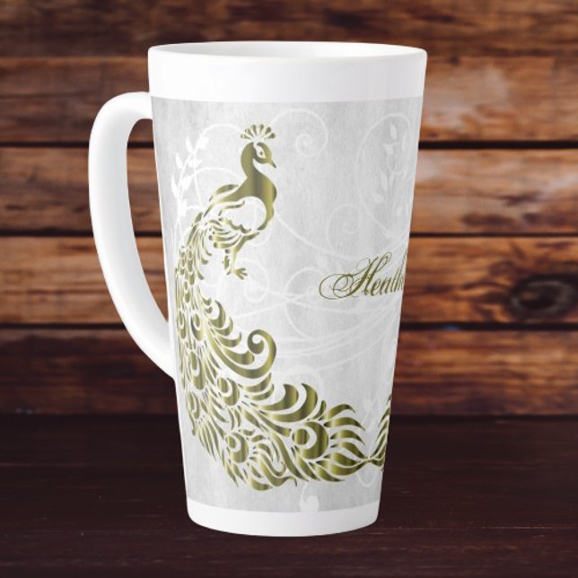 Caneca De Café Latte Dourada Peacock Personalizado Latte Mug (Gold Peacock Personalized Latte Mug)