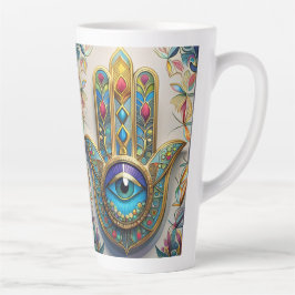 Caneca De Café Latte Dourado Colorido Filigrana Hamsa Terceiro Olho Azu