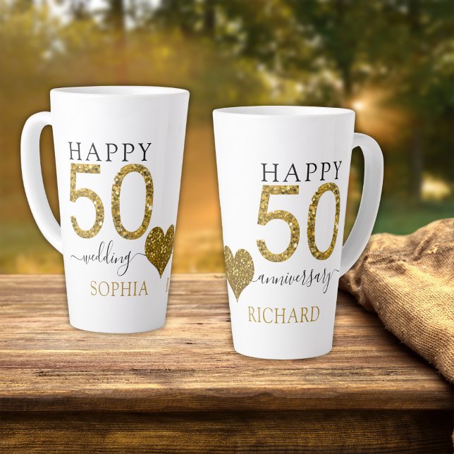 Caneca De Café Latte Dourado Glitter Personalizado 50º Aniversário de C (Gold Glitter Personalized 50th Wedding Anniversary Latte Mug golden anniversary Parents gifts)