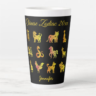Caneca De Café Latte Dourado Gradiente Chinês Zodiac Preto