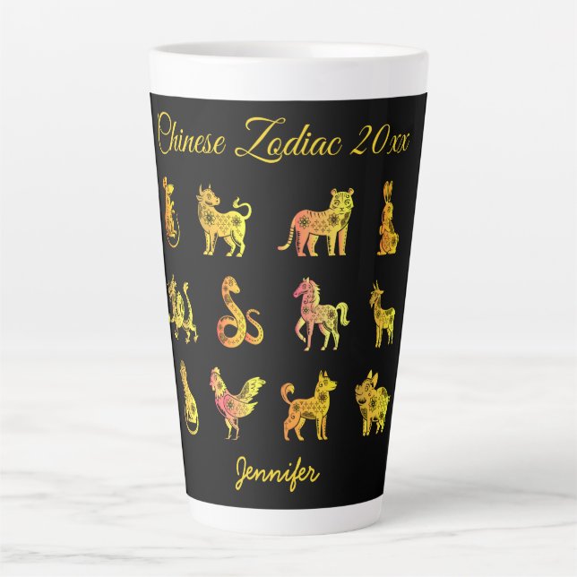 Caneca De Café Latte Dourado Gradiente Chinês Zodiac Preto (Frente)