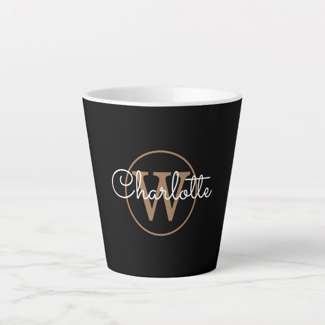Caneca De Café Latte Dourado Monograma Elegante - Script Girassol Preto (Frente)