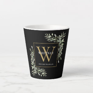 Caneca De Café Latte Dourado Monograma Verde Moderno Latte Preto Elegan