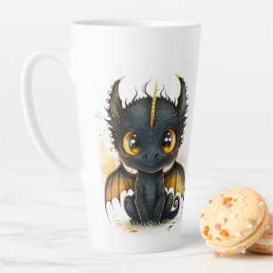 Caneca De Café Latte Dragão-Bebê Negro Dourado