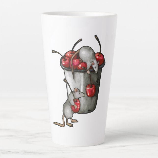 Caneca De Café Latte Duas MICE Roubando Cerejas, Balde de Cerejas Arte (Frente)