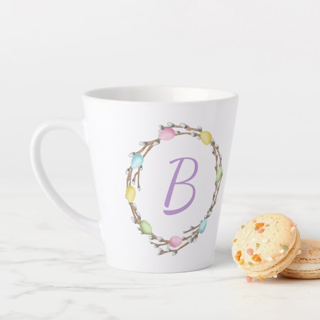 Caneca De Café Latte Easter Willow Wreath With Monogram And Pastel Eggs (In Situ)