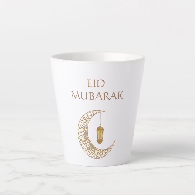 Caneca De Café Latte Eid Mubarak Personalizado com Crescente Decorado (Frente)
