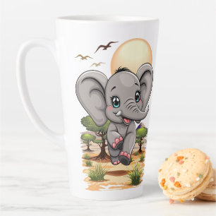 Caneca De Café Latte Elefante Bebê Pulando Feliz em Savana Africana