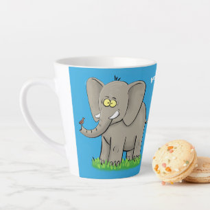 Caneca De Café Latte Elefante engraçado fofo com pássaro na tromba cart