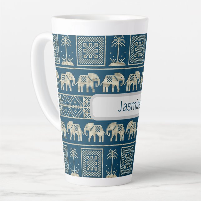 Caneca De Café Latte Elefante Tribal e Árvores Personalizadas (Ângulo esquerdo)