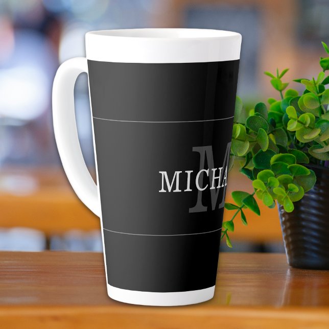 Caneca De Café Latte Elegant Black Silver Monogram Name Personalized (Criador carregado)