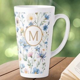 Caneca De Café Latte Elegant Blue Wildflower Pattern Botanical Monogram