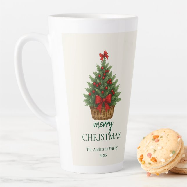 Caneca De Café Latte Elegant Christmas Tree – Red Ribbon  (In Situ)