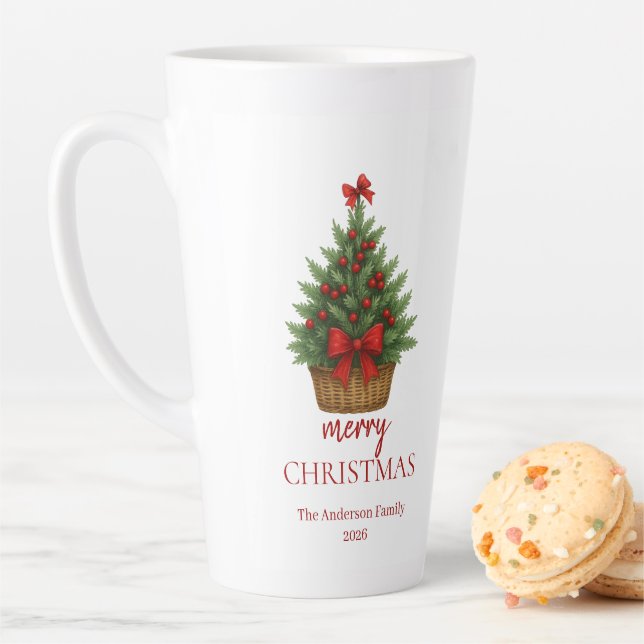 Caneca De Café Latte Elegant Christmas Tree – Red Ribbon  (In Situ)