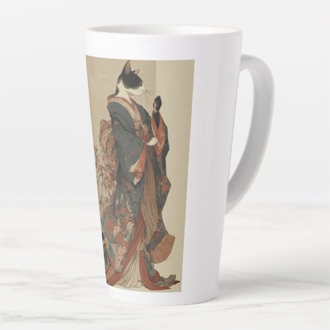 Caneca De Café Latte "Elegant Grace" Japanese Cat in Kimono Art (Ângulo direito)