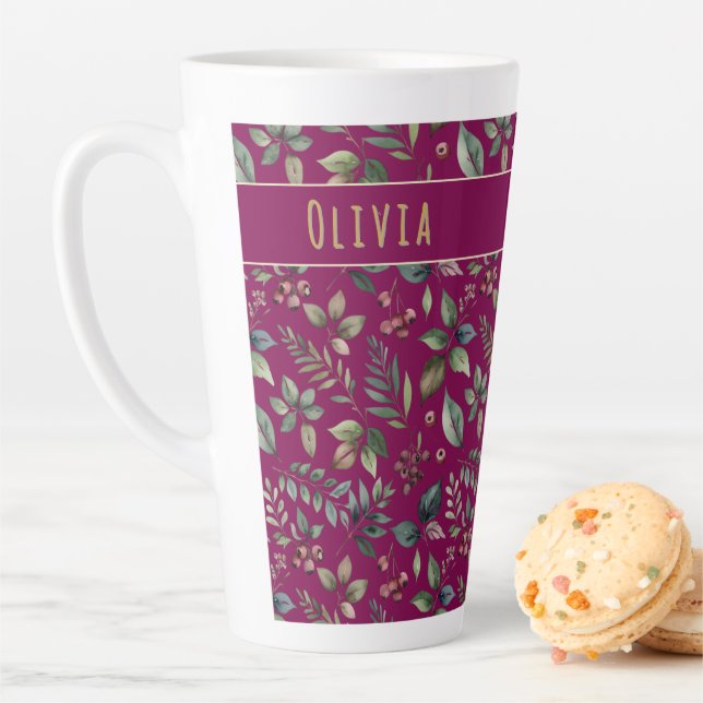 Caneca De Café Latte Elegant Winter Leaves & Berries Burgundy Custom (In Situ)