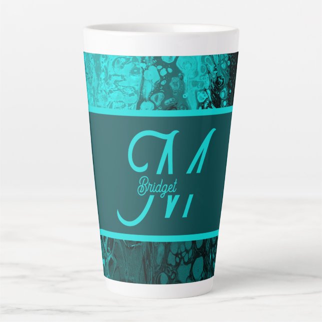 Caneca De Café Latte Elegante Aqua Teal bold Script Monograma (Frente)
