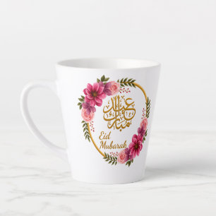 Caneca De Café Latte Elegante Floral Eid Mubarak Dourado Caligrafia Ára