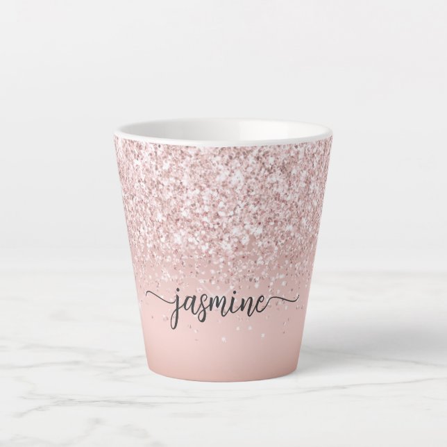 Caneca De Café Latte Elegante Monograma de Nome em Brilho Dourado Rosa (Frente)