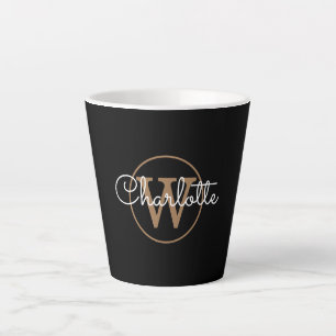 Caneca De Café Latte Elegante Monograma Dourado Script Feminino Preto