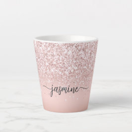 Caneca De Café Latte Elegante Nome Monograma com Brilho Rosa Dourado