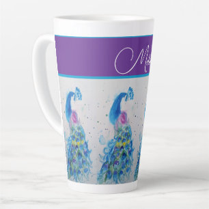 Caneca De Café Latte Elegante Peacock Watercolor Blue Pintura Mulher