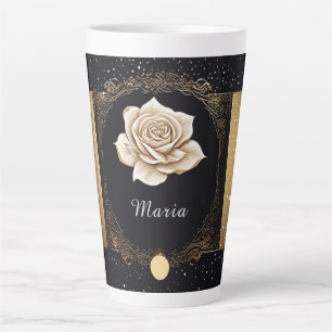 Caneca De Café Latte Elegante Rosa Branca e Desenho em Ouro