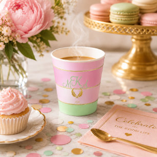 Caneca De Café Latte Elegante Rosa Pastel e Listras Verdes