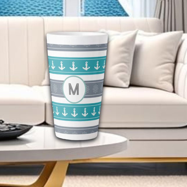 Caneca De Café Latte Elementos Náuticos para Barcos de Padrões (Criador carregado)