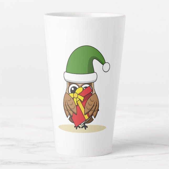 Caneca De Café Latte Elf Owl de Natal com Presente (Frente)