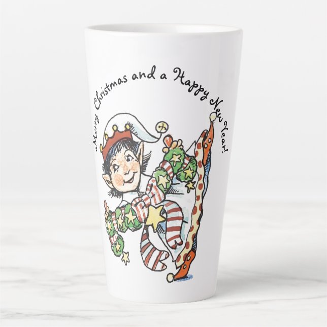 Caneca De Café Latte Elfo Feliz e Bonito Dançando, Cartoon de Natal Ret (Frente)