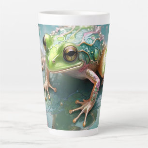 Caneca De Café Latte "Emerald Essence: Sapo Verde na Arte Fractal"