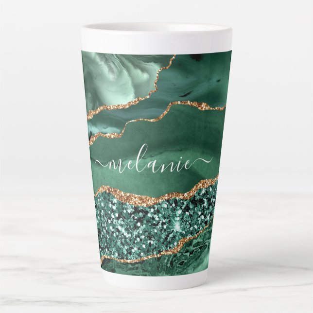 Caneca De Café Latte Emerald Green Marble Custom Name Latte Mug (Frente)