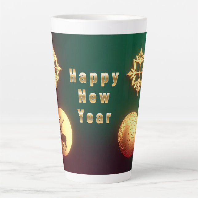 Caneca De Café Latte Enfeites de Natal Dourados com Rena (Frente)