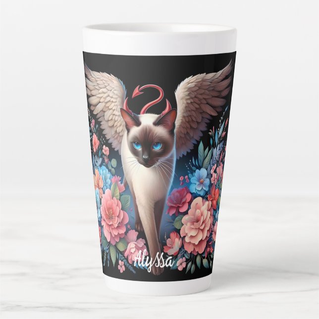 Caneca De Café Latte Engraçado siamês Demon e Angel Cat (Frente)