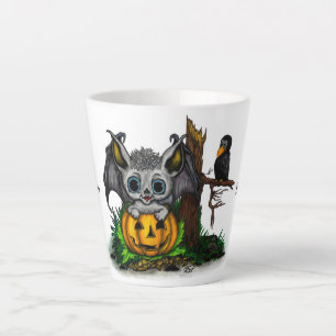 Caneca De Café Latte Esperando o Halloween, Cute Bat e Raven