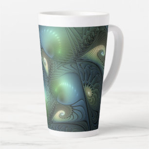 Caneca De Café Latte Espirais Teal Beige Verde Abstrato Fractal