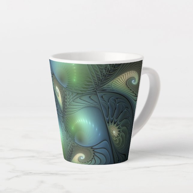 Caneca De Café Latte Espirais Teal Beige Verde Abstrato Fractal (Ângulo direito)